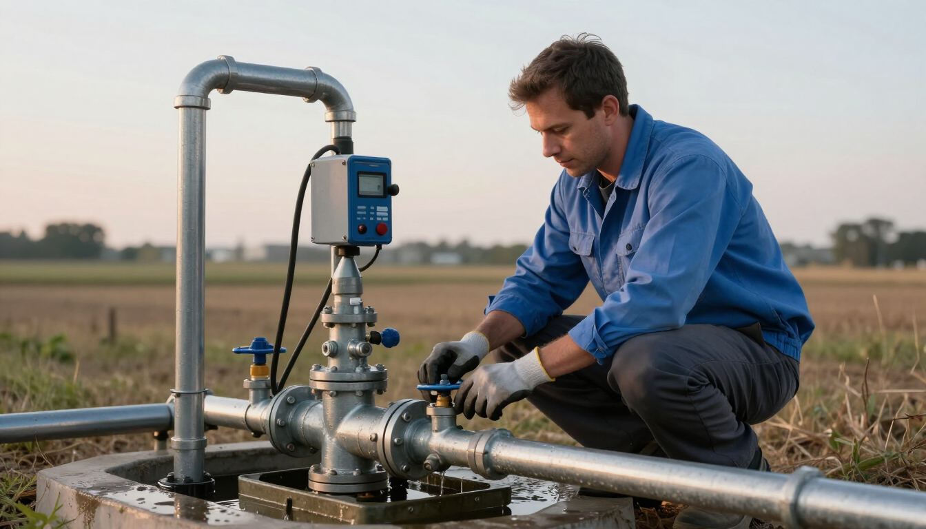 Técnico inspeccionando válvulas de tuberías industriales en un campo al atardecer.