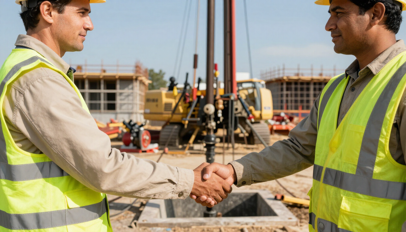 Dos obreros de la construcción con chalecos de seguridad se dan la mano en una obra con andamios y maquinaria cerca.
