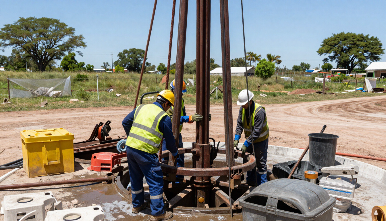 Trabajadores con equipo de seguridad perforan en una obra de construcción con maquinaria pesada y cajas de herramientas amarillas.