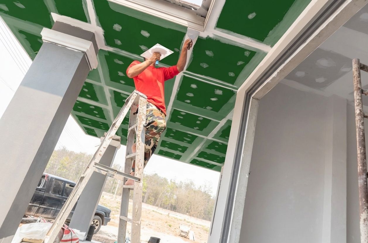 Worker in a red shirt installing ceiling panels on a ladder at a construction site.