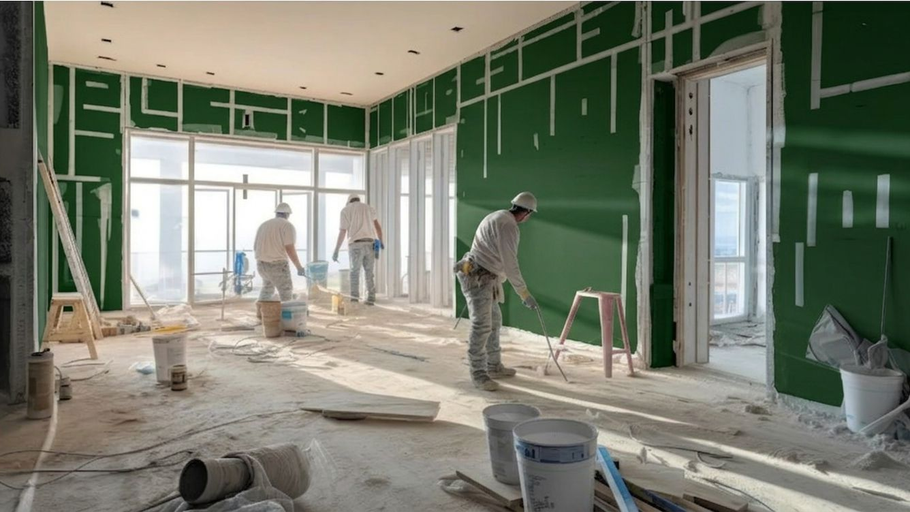 Construction workers drywalling a bright, unfinished room with green walls and tools scattered on the floor