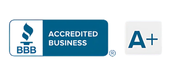 The bbb logo is blue and white and says accredited business a +.