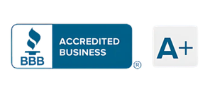The bbb logo is blue and white and says accredited business a +.