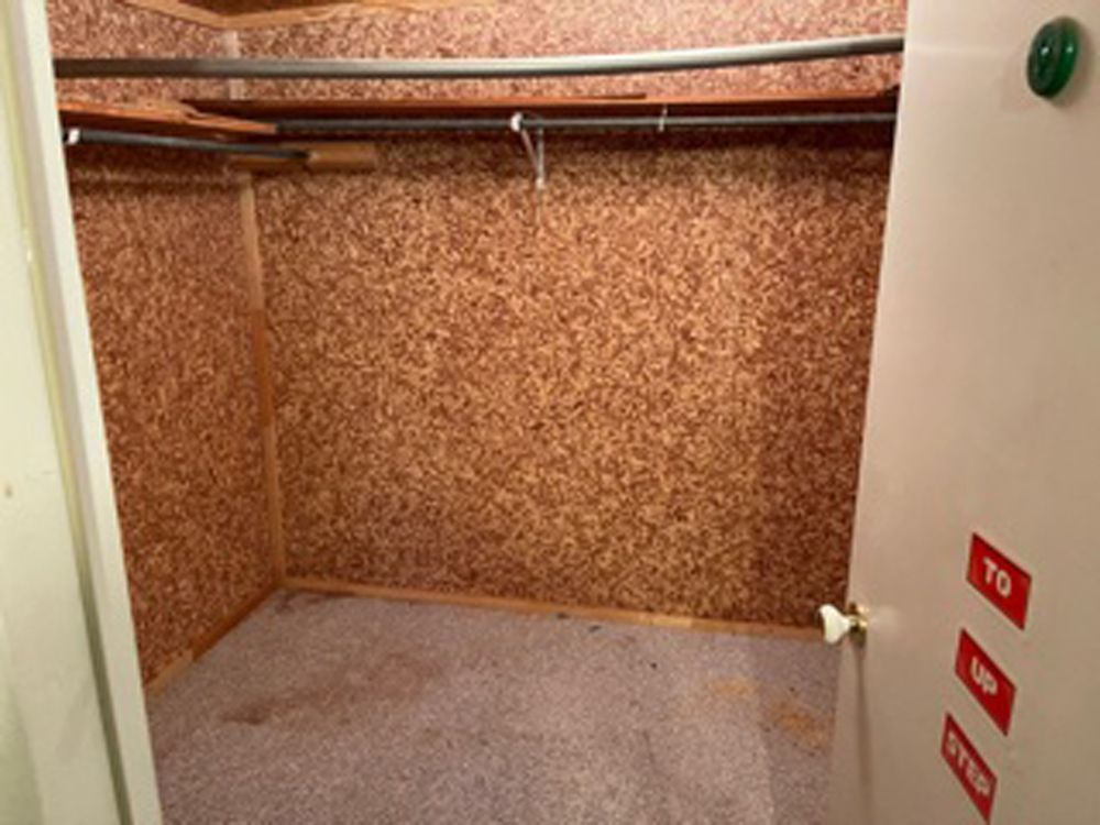 An empty walk-in closet with patterned, textured walls and carpeted flooring, featuring a rod and shelf for storage.