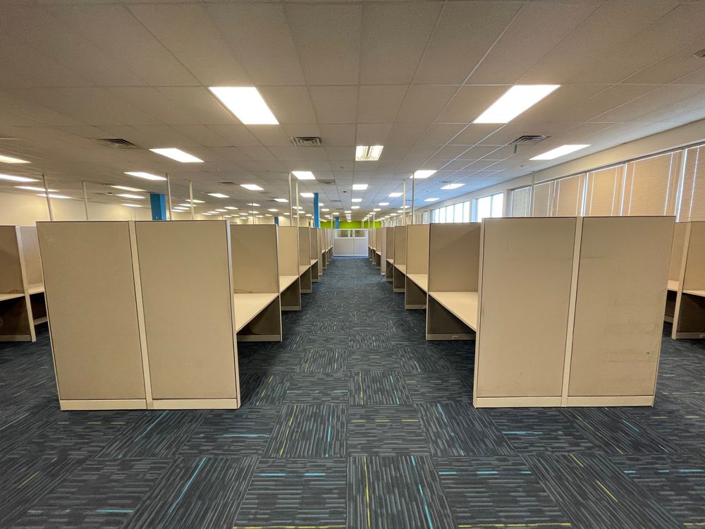 A row of beige office cubicles lining a central walkway with patterned blue carpet under bright fluorescent lights.