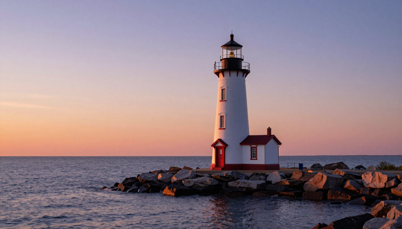 The historic Port Clinton Lighthouse at sunset in Ohio.