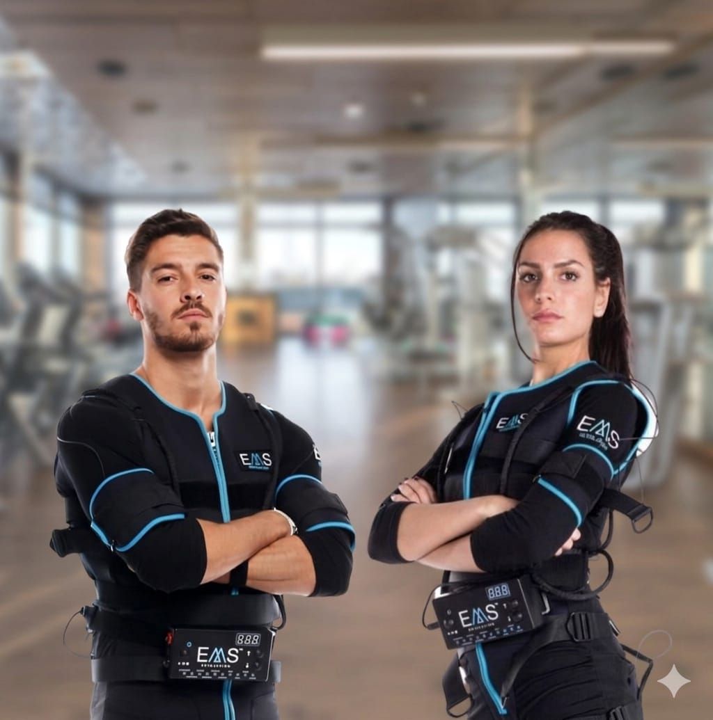 Un hombre y una mujer visten ropa deportiva de electroestimulación muscular (EMS) de color negro y azul en un gimnasio.