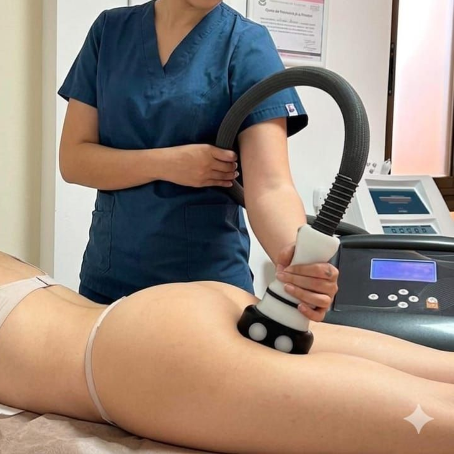 En una clínica, un técnico utiliza un dispositivo VelaSlim Plus en la pierna de una persona.