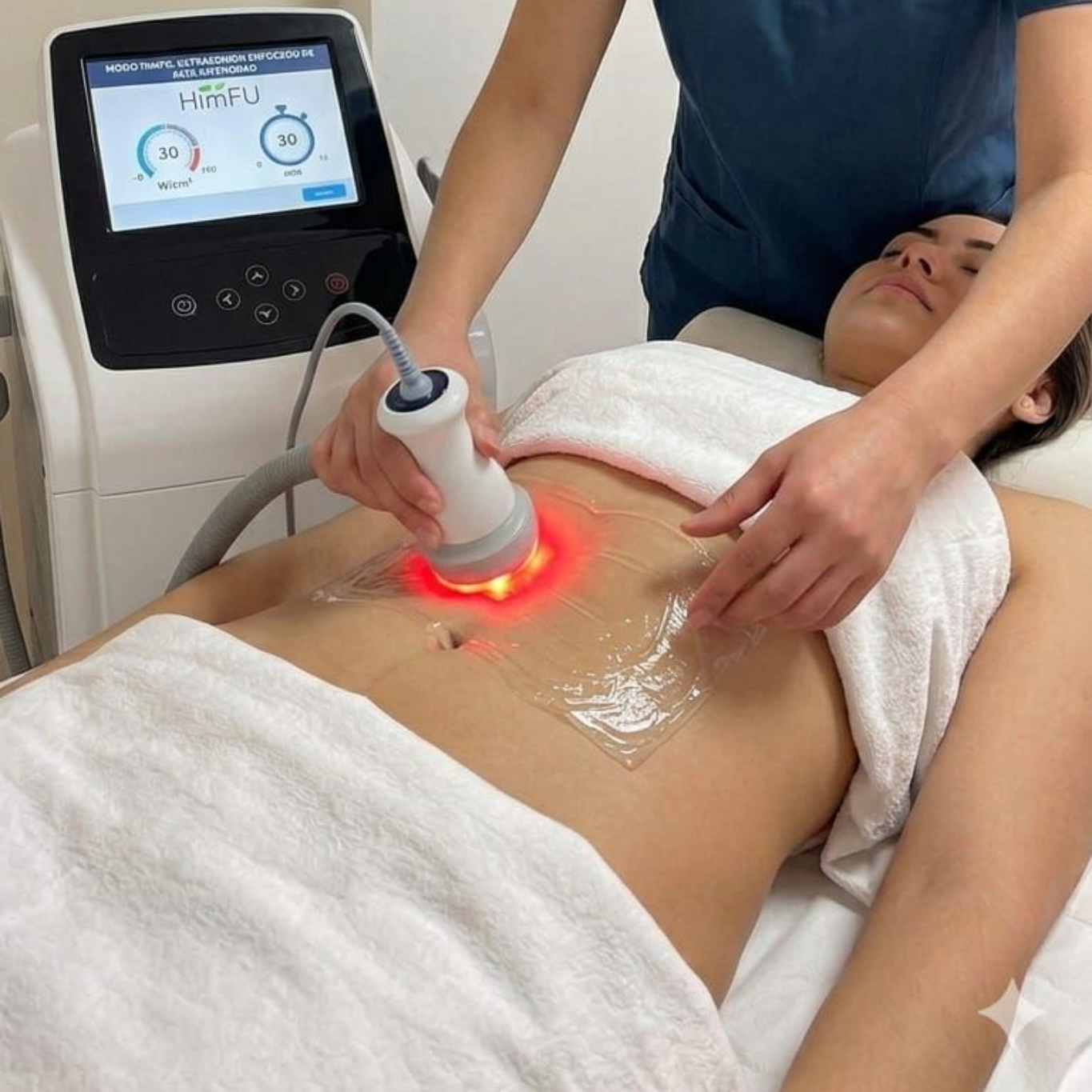 Anuncio de NutriForm para el tratamiento HimFU que muestra a un profesional utilizando un dispositivo de ultrasonido.