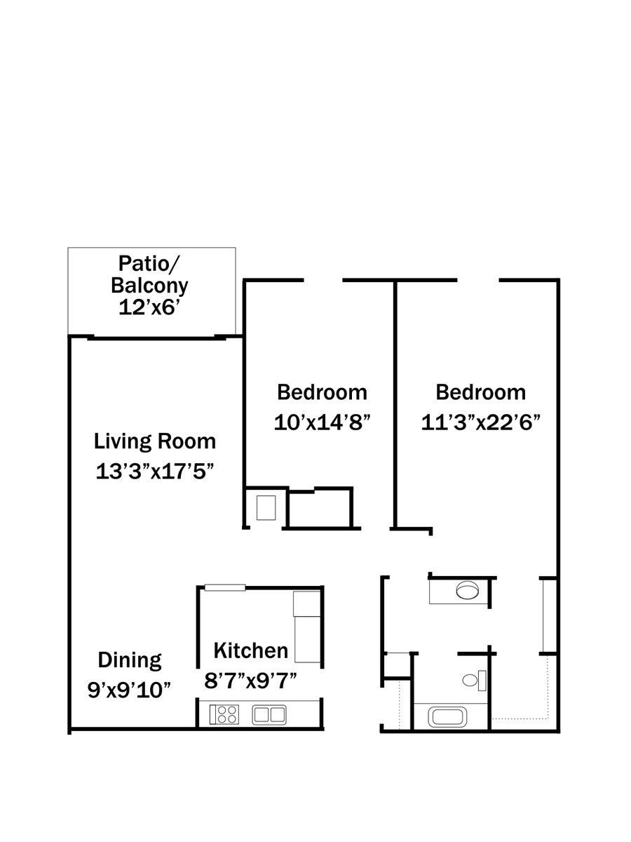 Floor plan of an apartment with a patio, living room, dining area, kitchen, and two bedrooms.