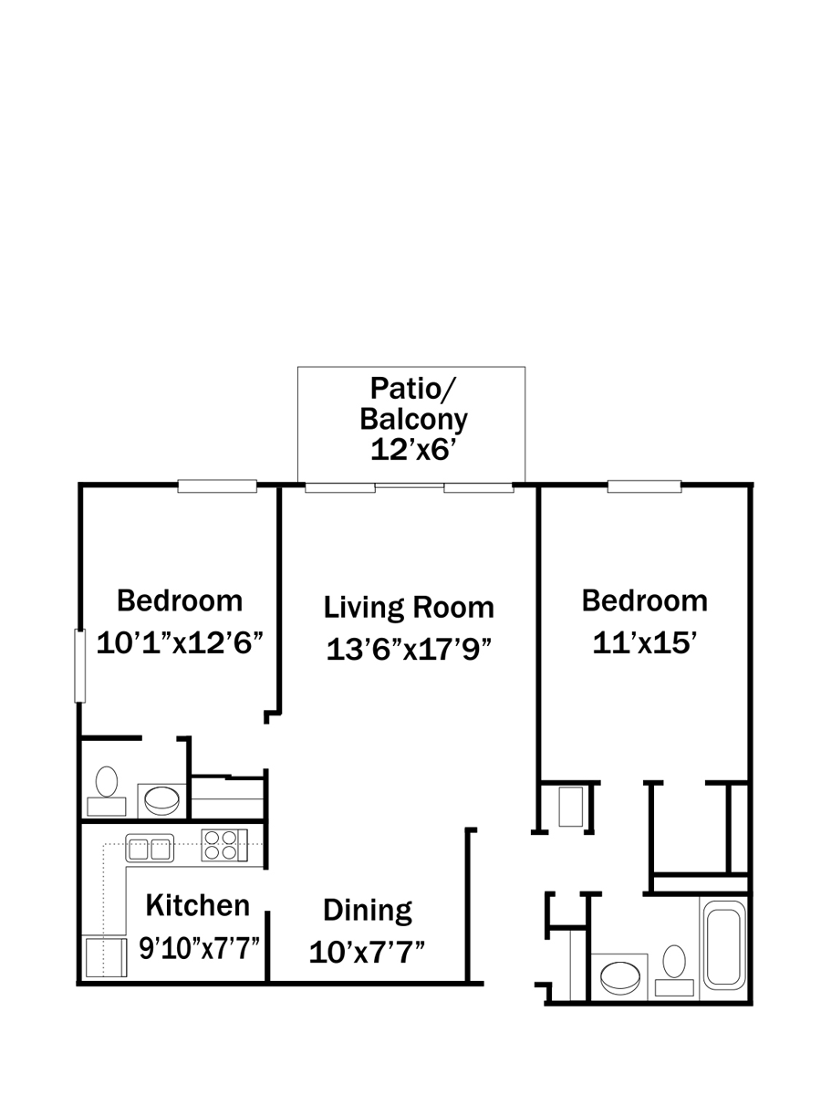 Floor plan of an apartment with two bedrooms, a kitchen, living room, dining area, and patio/balcony.