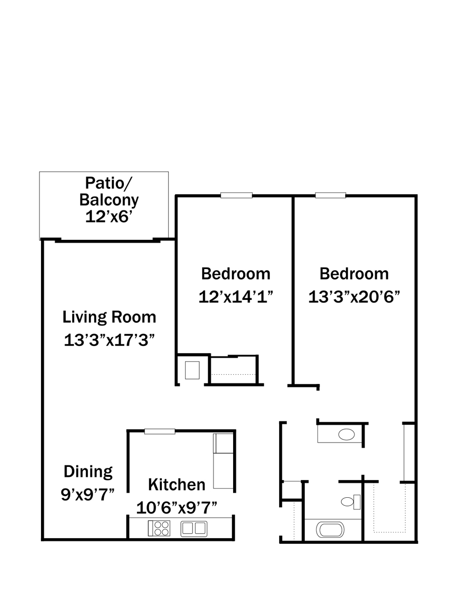 Floor plan with living room, dining, kitchen, two bedrooms, and patio/balcony.
