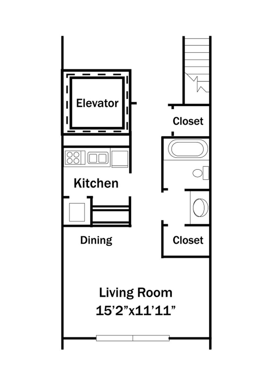 Floor plan of a narrow apartment, showing an elevator, kitchen, dining area, living room, bathroom, and closets.