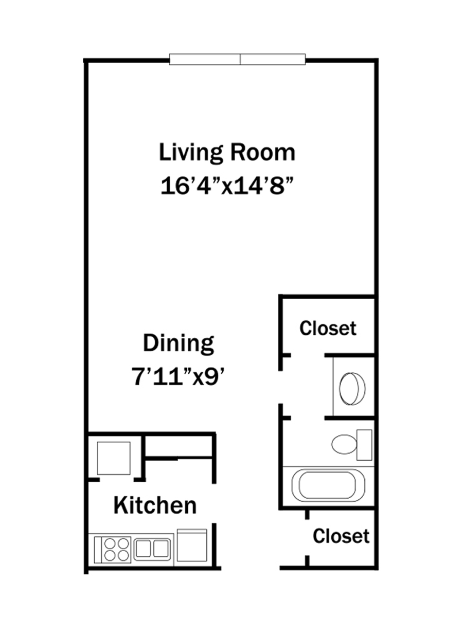 Floor plan of a studio apartment, with living room, dining area, kitchen, bathroom, and closets.