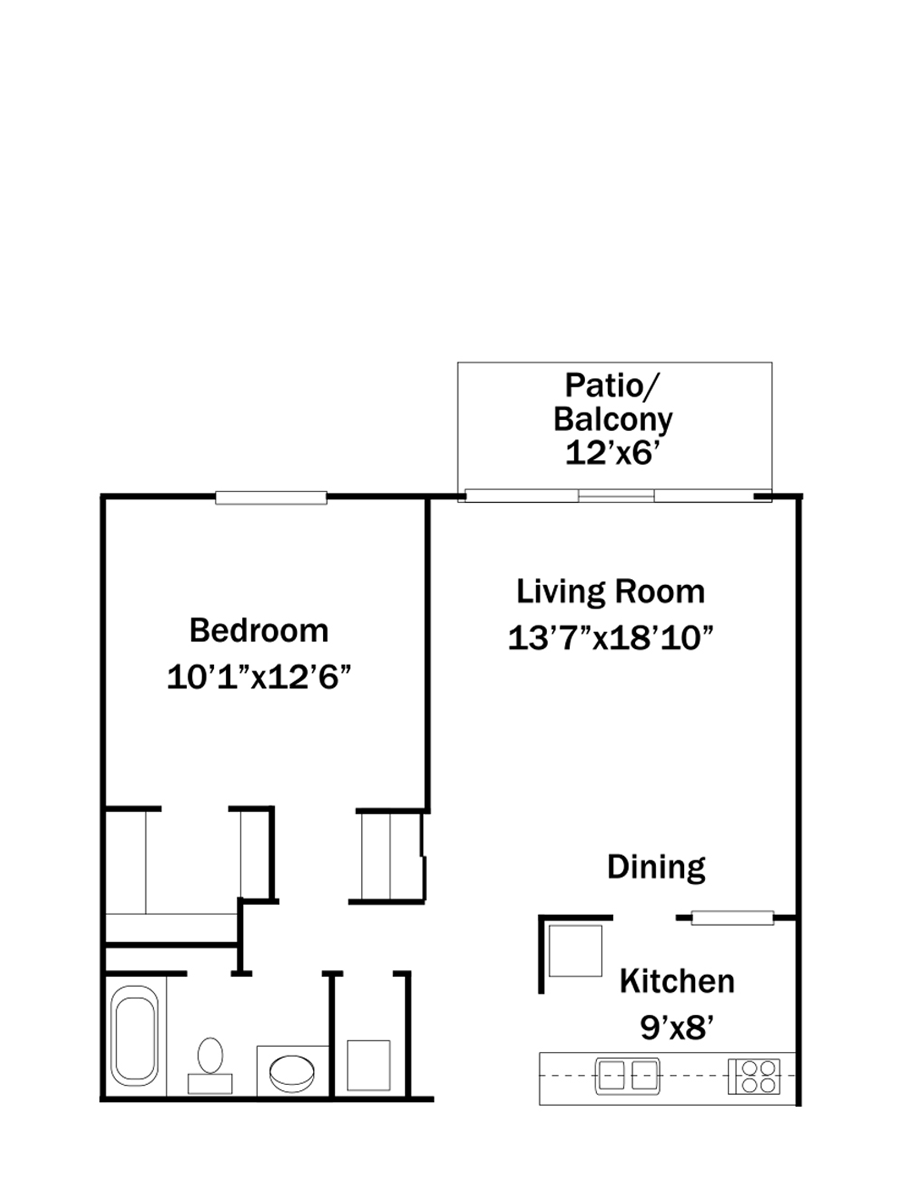 Floor plan of an apartment showing a bedroom, living room, kitchen, dining area, and balcony.