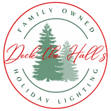 Decke the Halls holiday lighting logo with green trees and red script on a white circle.