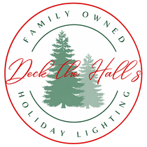 Decke the Halls holiday lighting logo with green trees and red script on a white circle.