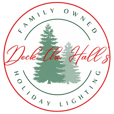Decke the Halls holiday lighting logo with green trees and red script on a white circle.