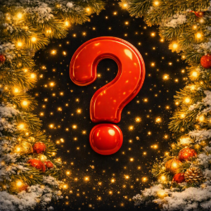 Red question mark on a sparkling gold Christmas wreath background