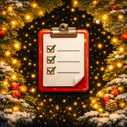 Christmas checklist on red clipboard with three checked items, surrounded by glowing holiday lights.
