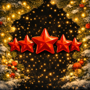 Five red stars on a sparkling gold holiday wreath with glowing lights