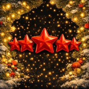 Five red stars on a sparkling gold holiday wreath with glowing lights