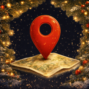 Red location pin on a folded map, framed by festive lights and ornaments.