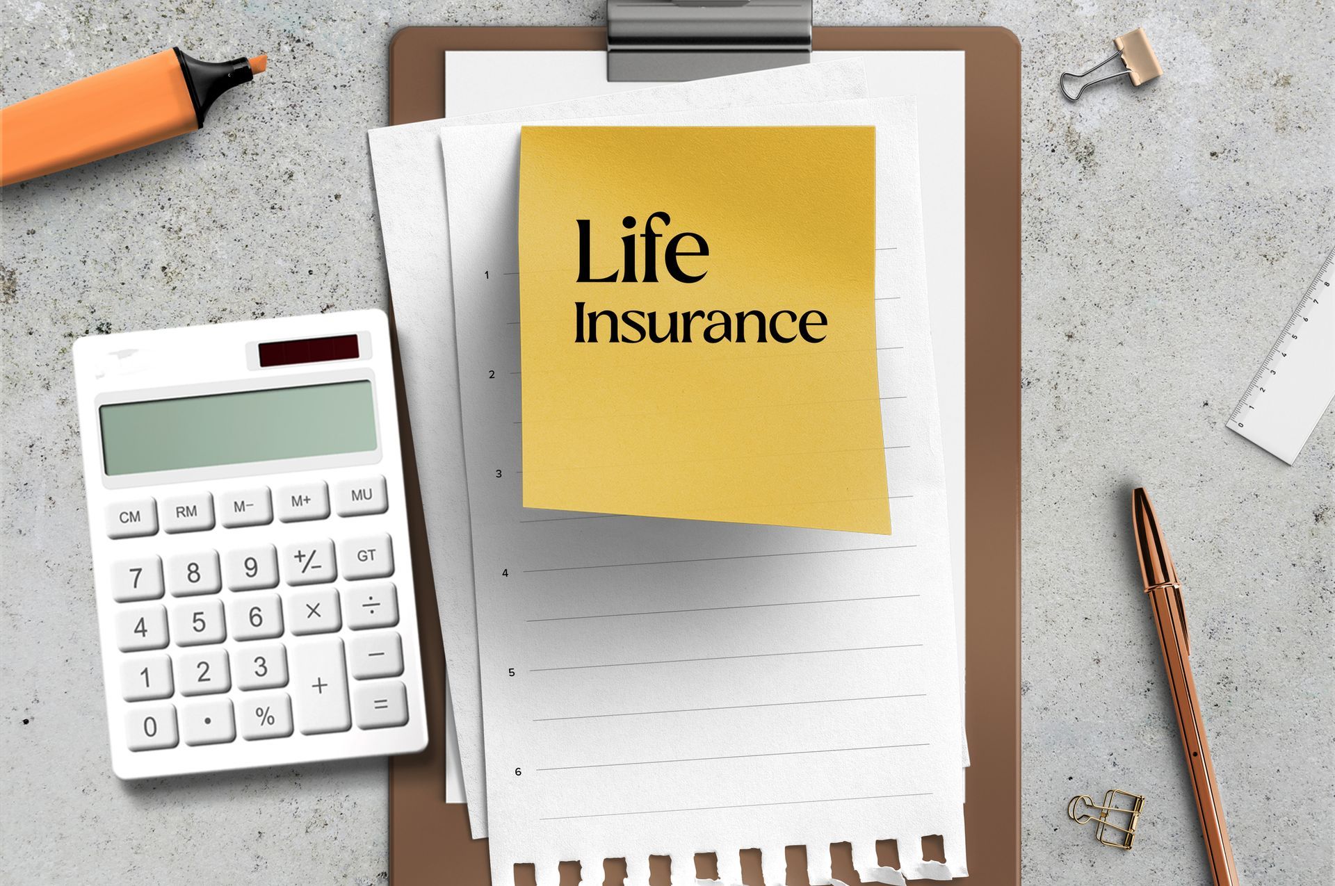 A clipboard with a note on it that says life insurance
