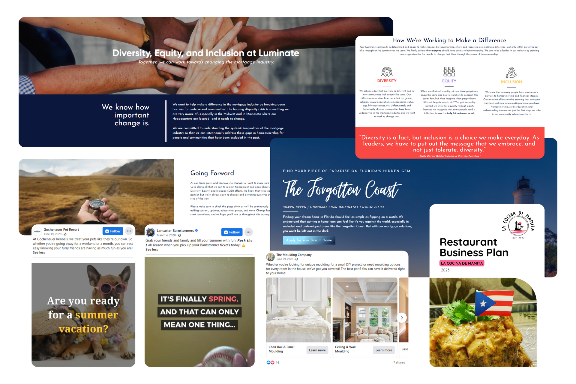 Collage: websites with various content, a restaurant dish, and social media posts.