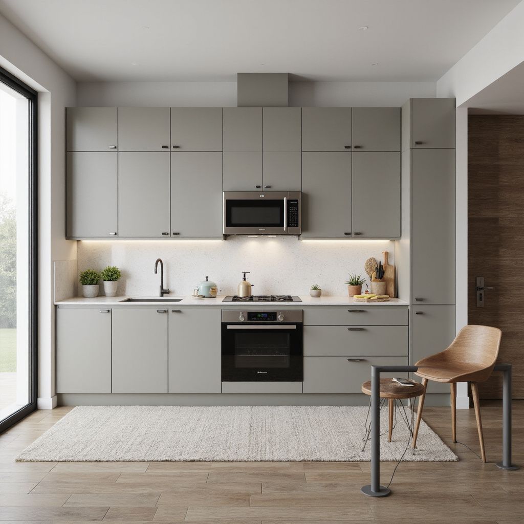 Moderne graue Küche mit Ober- und Unterschränken, Edelstahlgeräten und einem Holzstuhl.