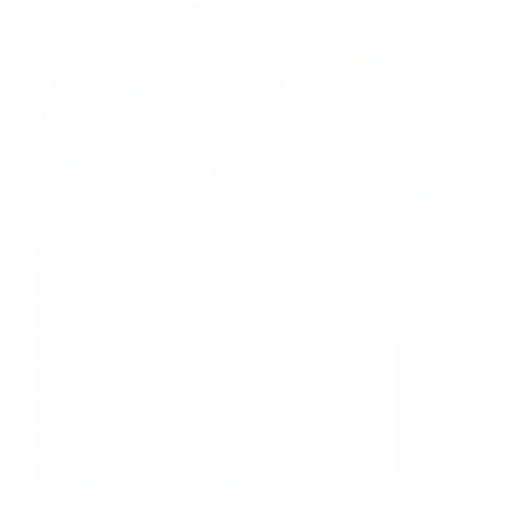 White, faded image of a gift box, potentially wrapped, with a visible ribbon and square shape.