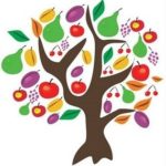 Brown tree silhouette adorned with colorful apples, pears, plums, cherries, and leaves.