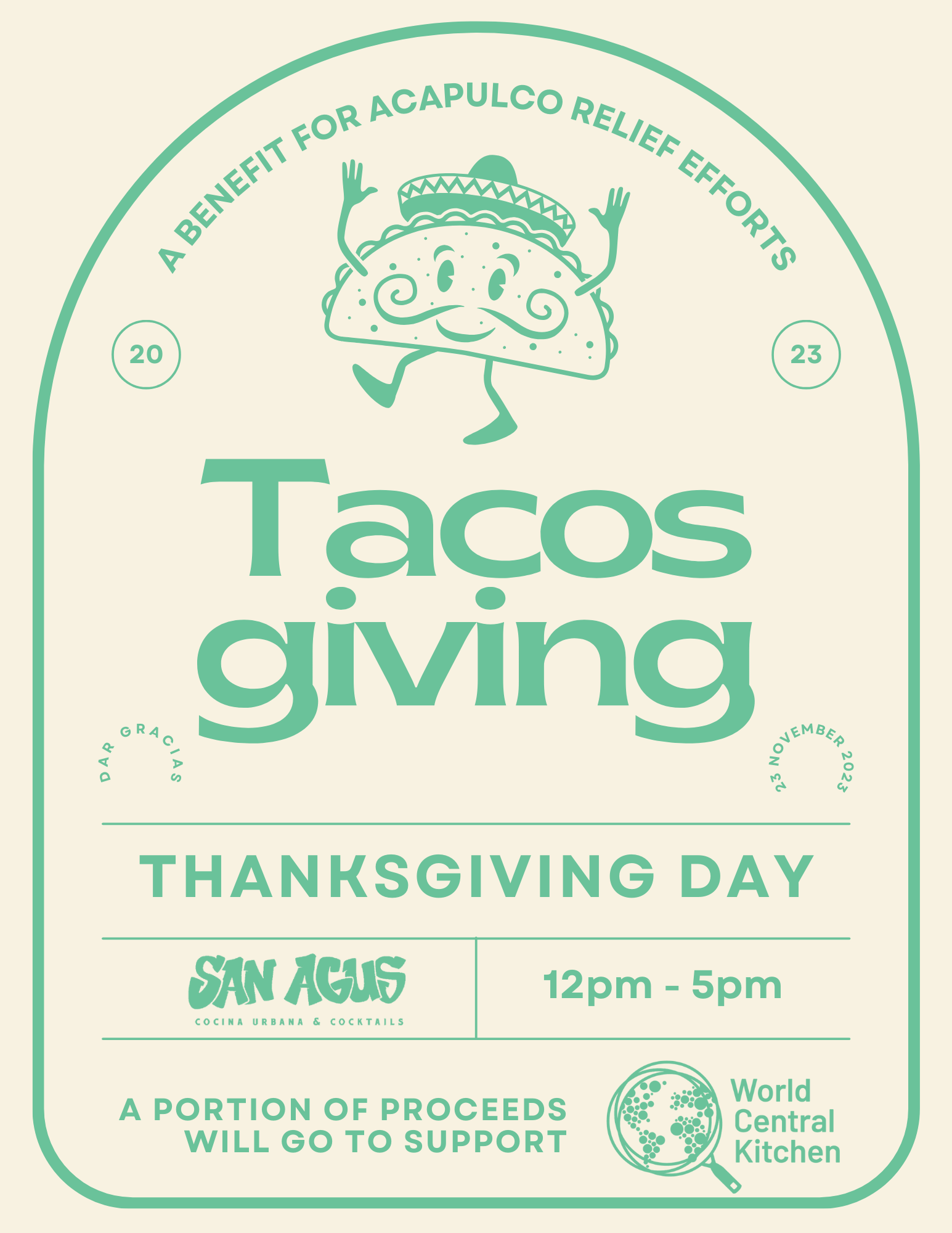 Tacos giving is a benefit for acapulco relief efforts on thanksgiving day.