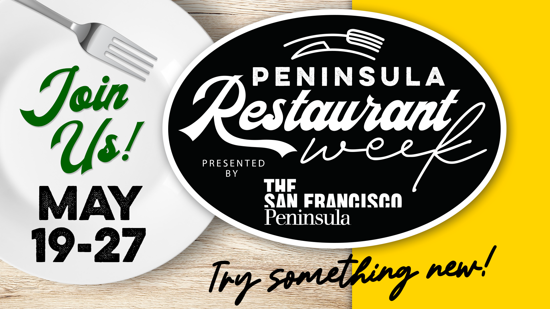A white plate with a fork on it and a sign that says join us may 19-27