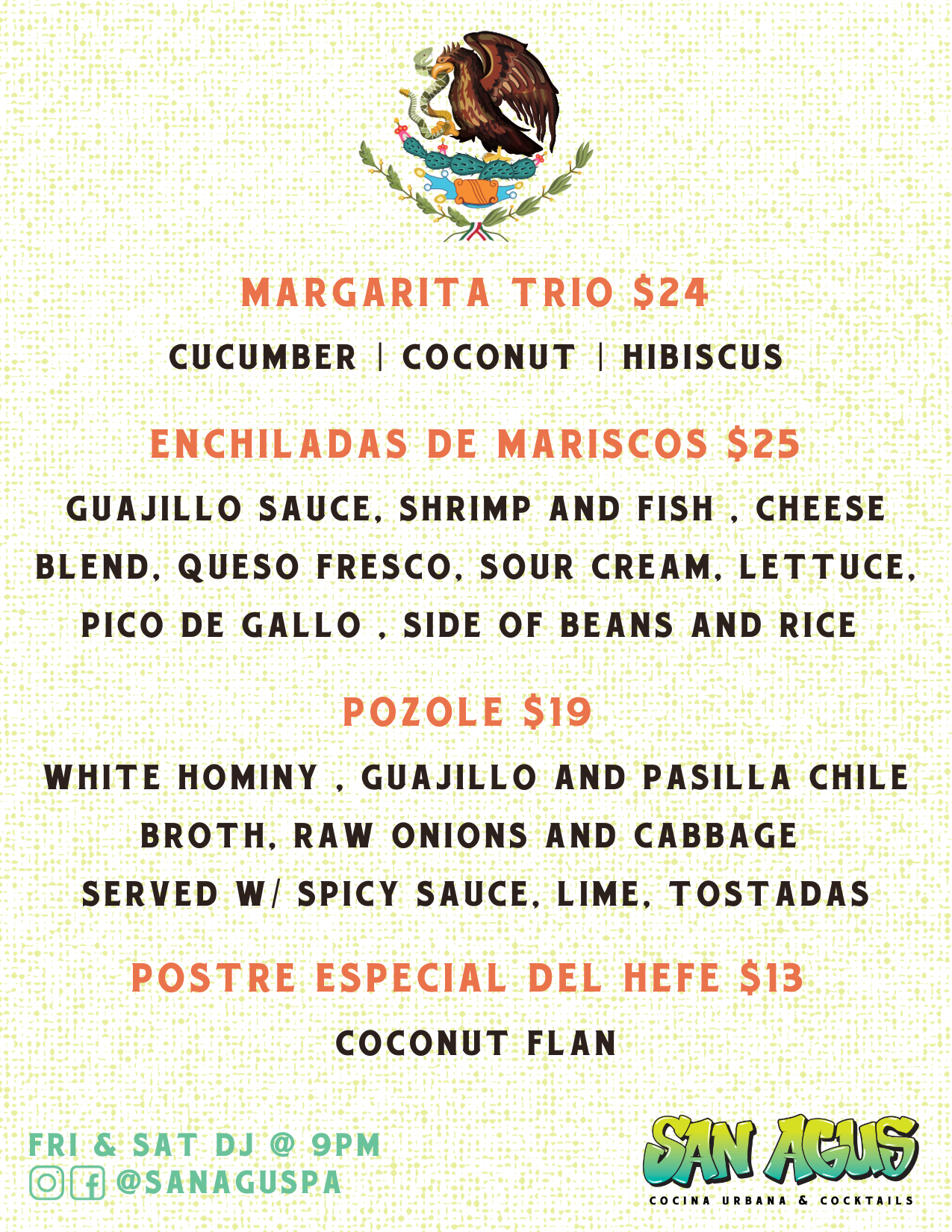 A menu for a restaurant with a mexican flag on it.