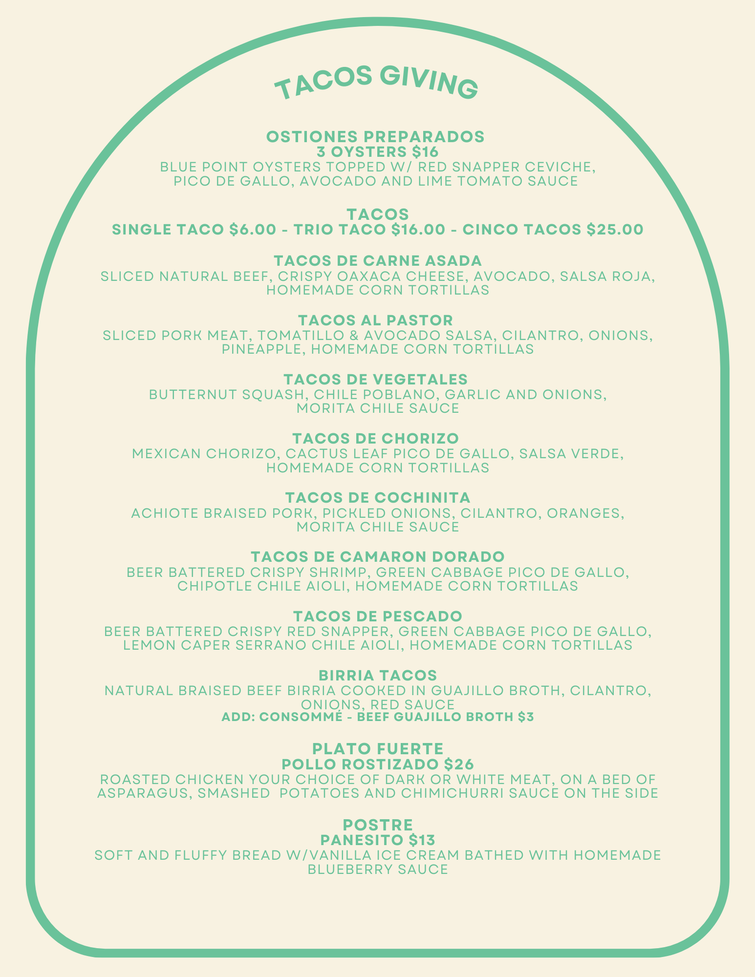 A menu for a restaurant called tacos giving