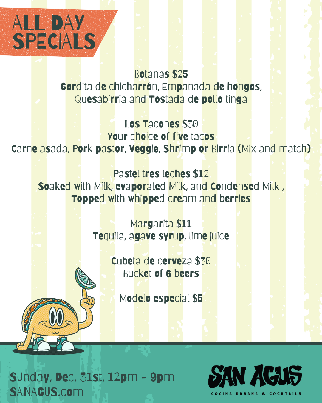 A menu for a restaurant with a cartoon taco on it.