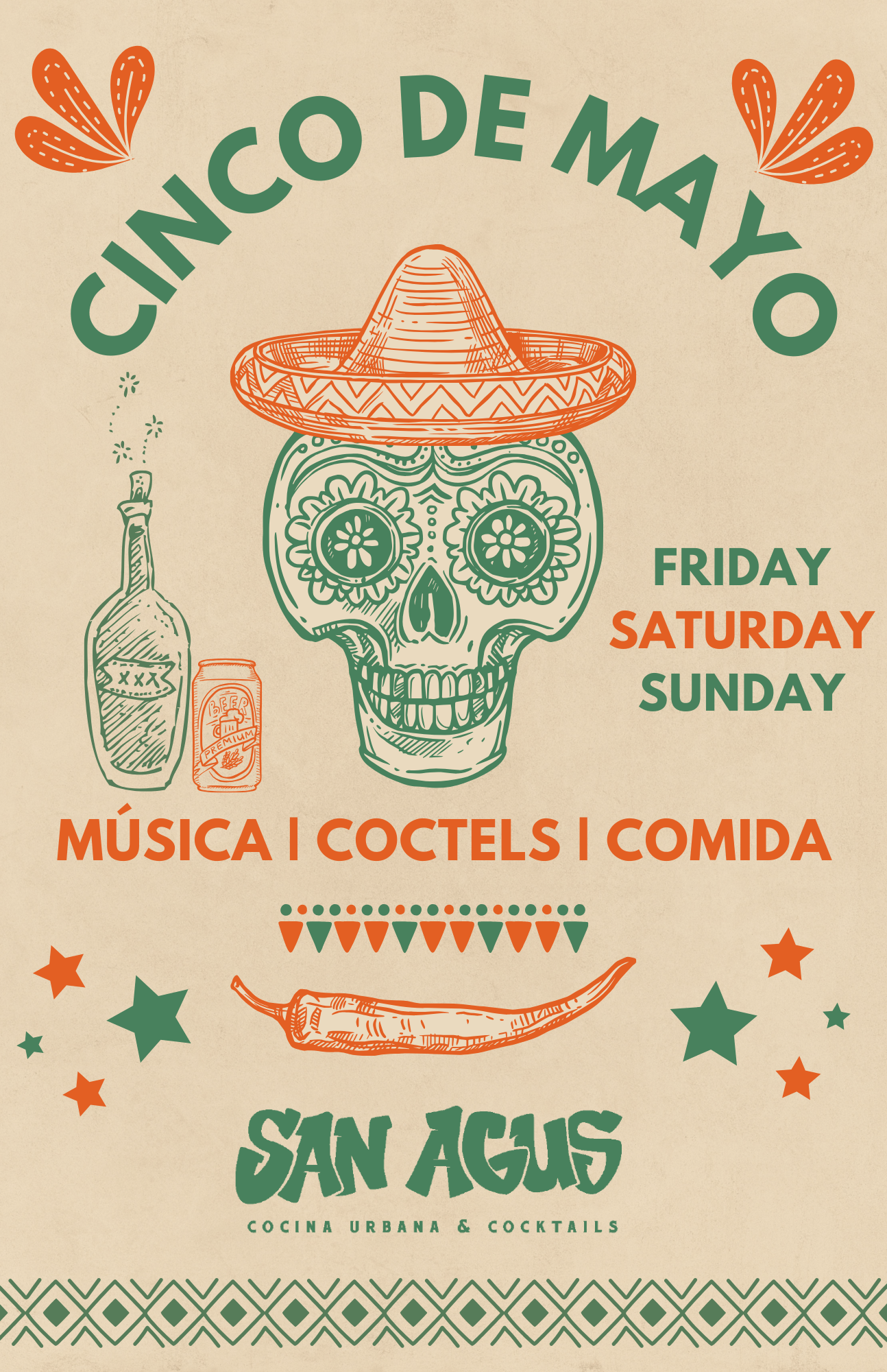 A poster for cinco de mayo on friday saturday and sunday