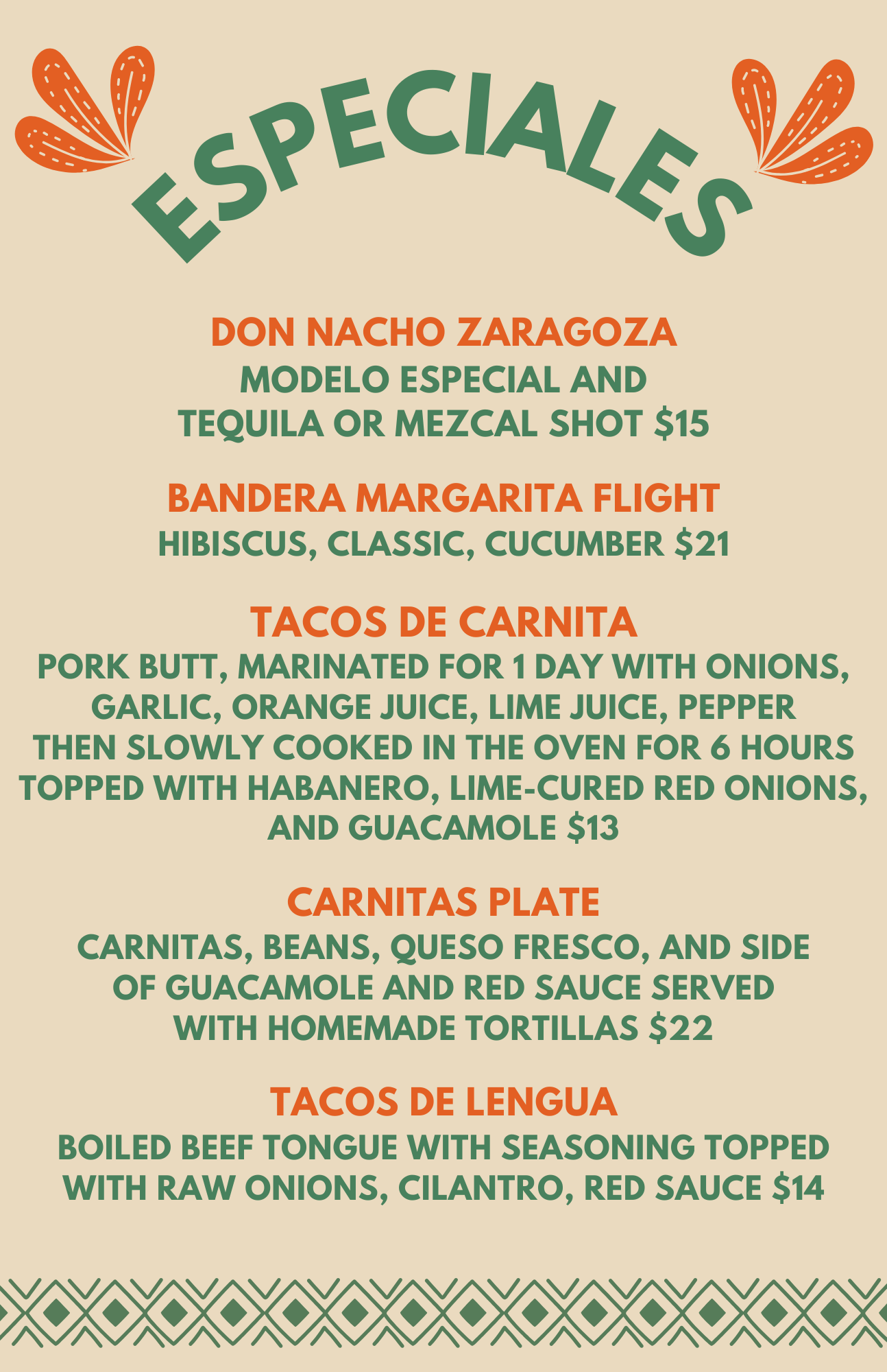 A menu for a restaurant that says especiales on it