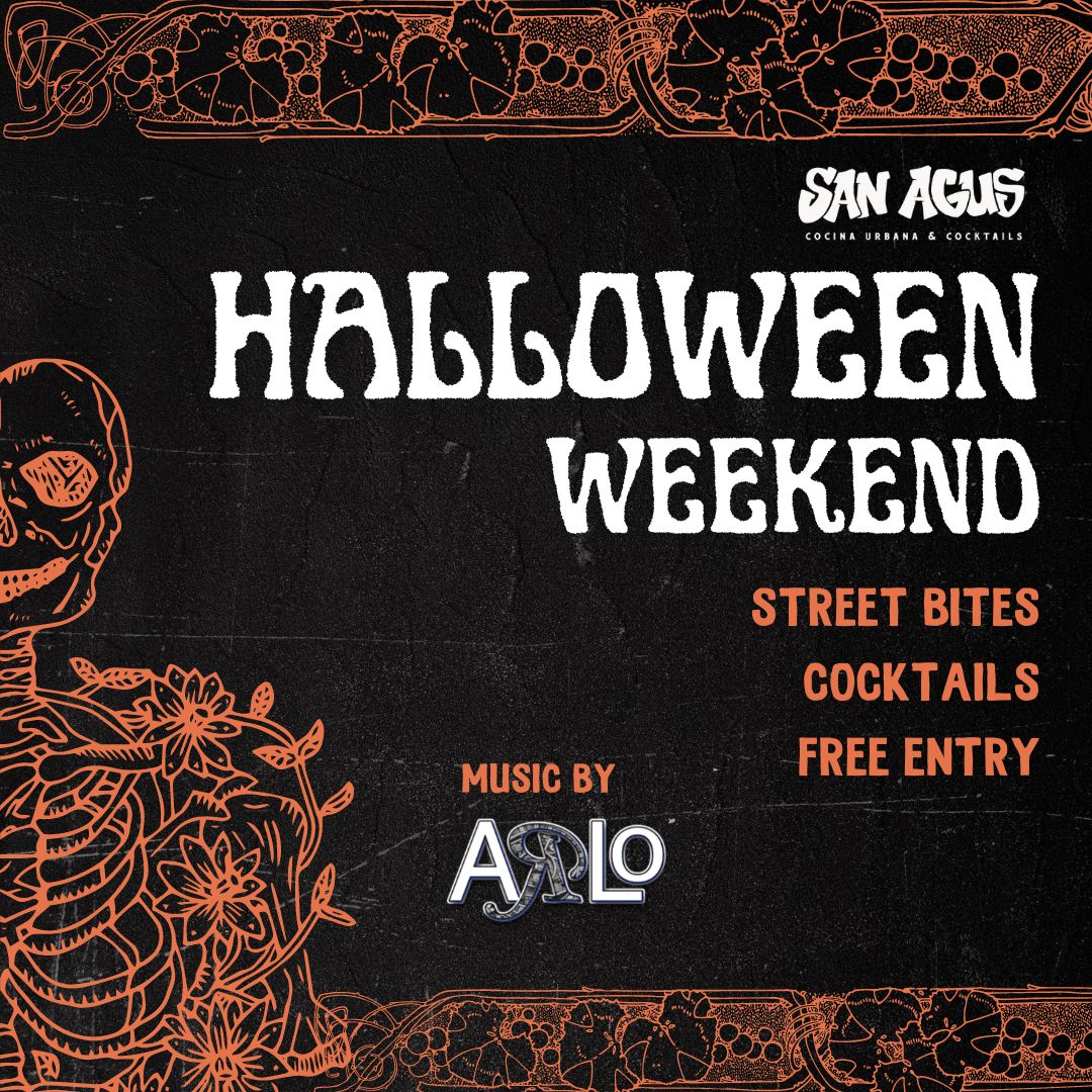 A poster for a halloween weekend with a skeleton on it