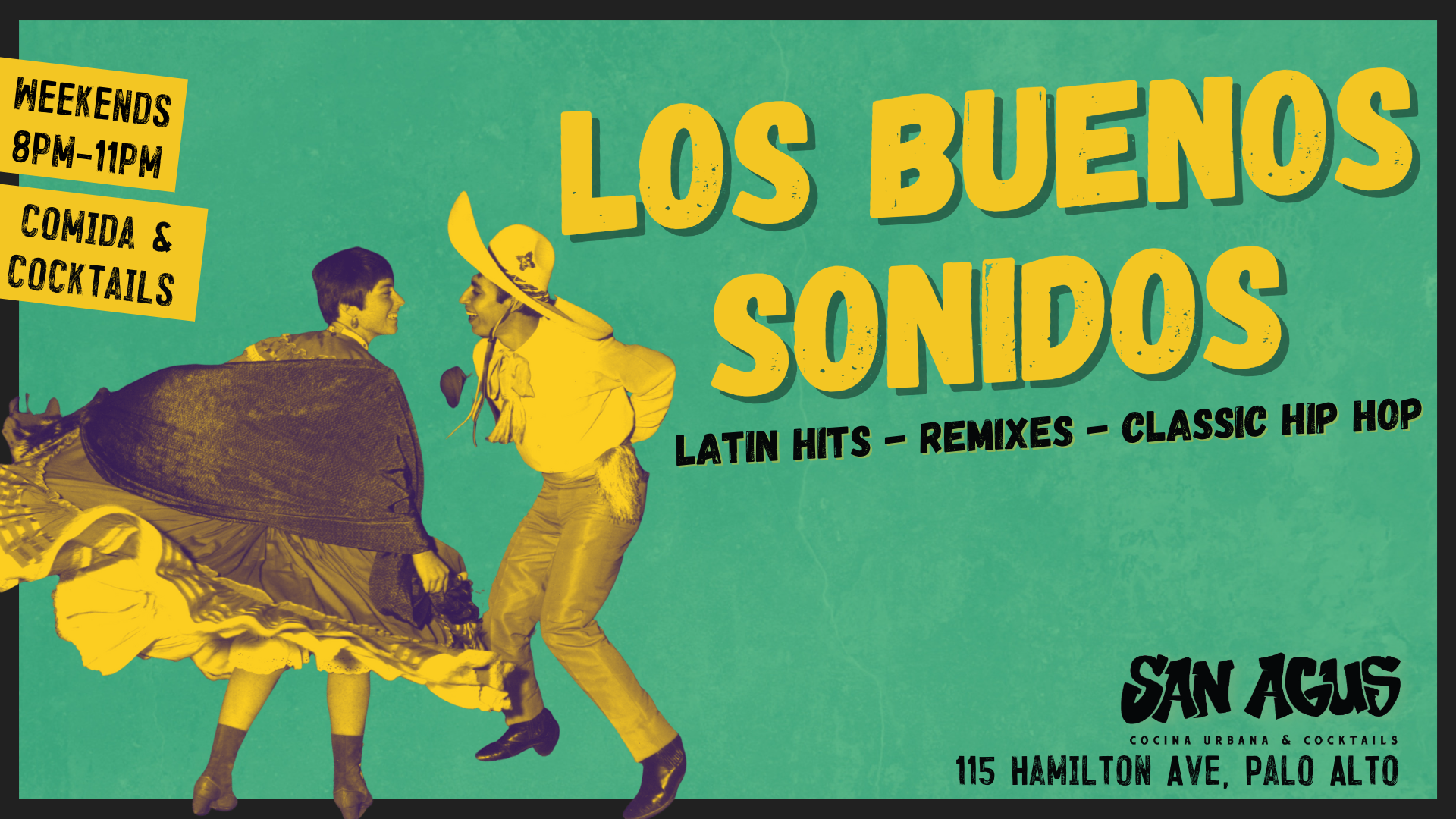 A poster for los buenos sonidos latin hits remixes classic hip hop