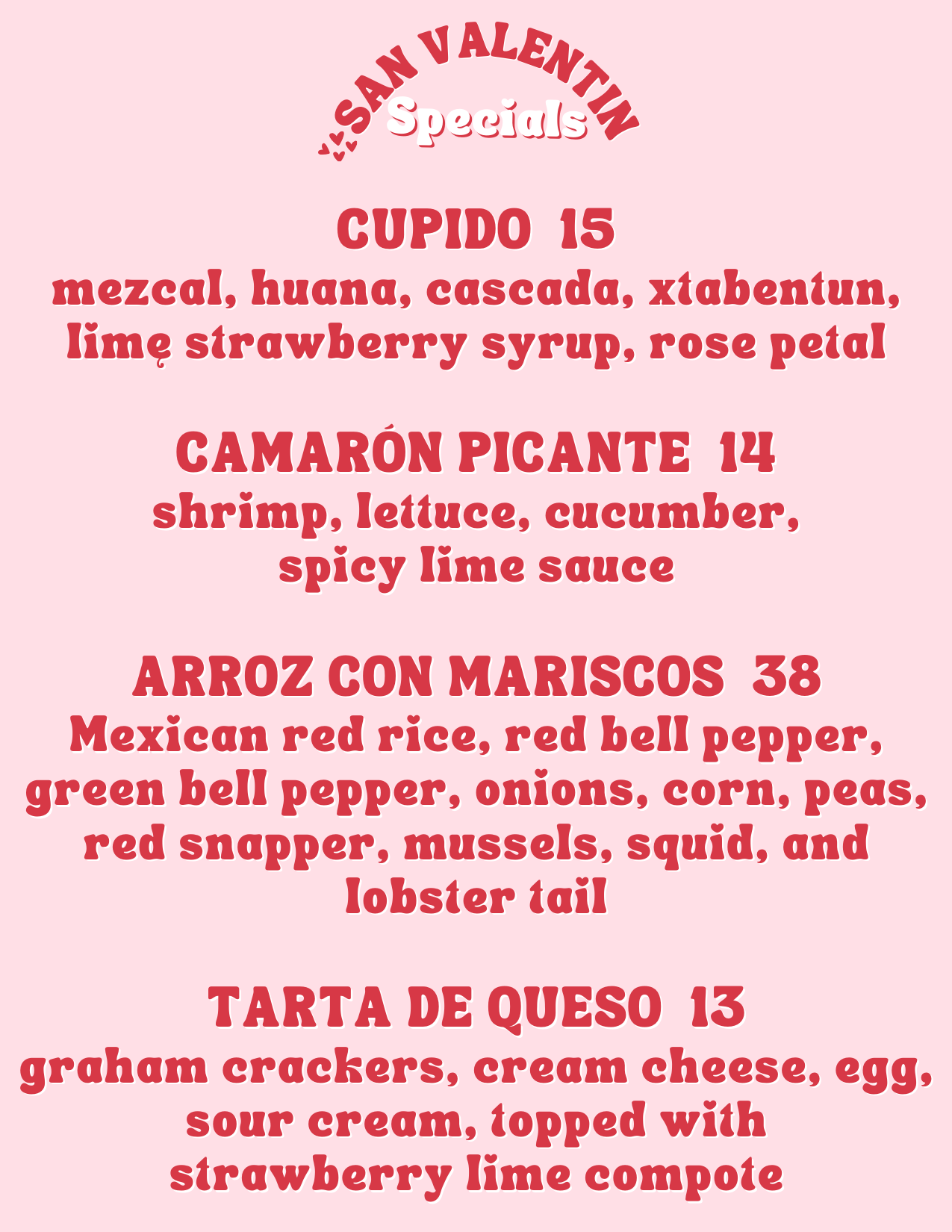 A menu for a restaurant called san valentin specials
