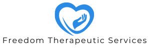 Freedom Therapeutic Services logo with blue heart and hand icon over gray text