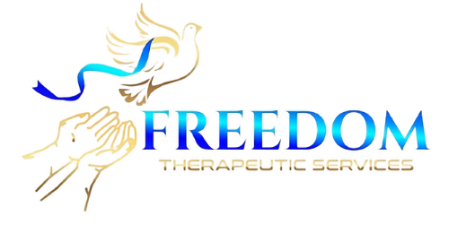 Freedom Therapeutic Services logo with blue and gold dove and hands