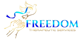 Freedom Therapeutic Services logo with blue and gold dove and hands