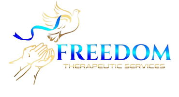 Freedom Therapeutic Services logo with blue and gold dove and hands