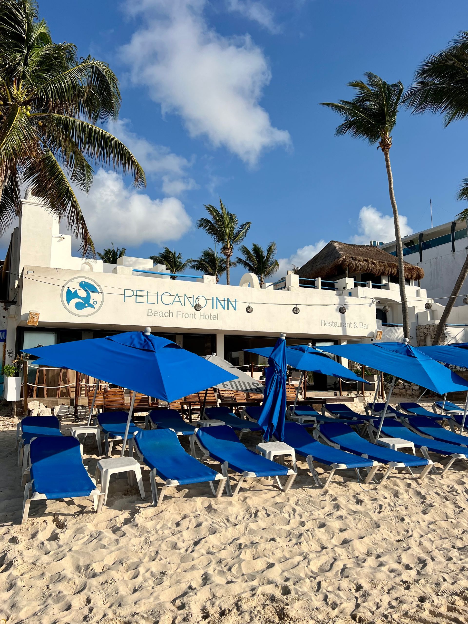 Una playa con sillas azules y sombrillas frente a un hotel.
