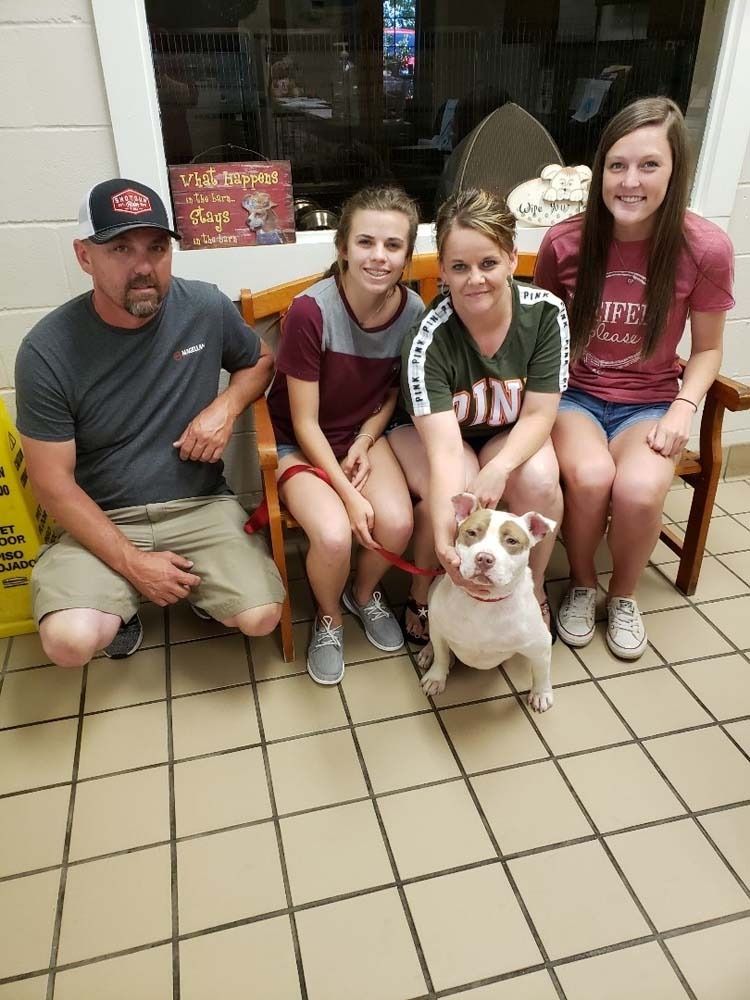 Family with a white and tan dog sits on a bench indoors.