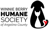 Logo for Winnie Berry Humane Society: black silhouette of a dog with a cat inside it, red heart. Text reads "Humane Society of Angelina County".