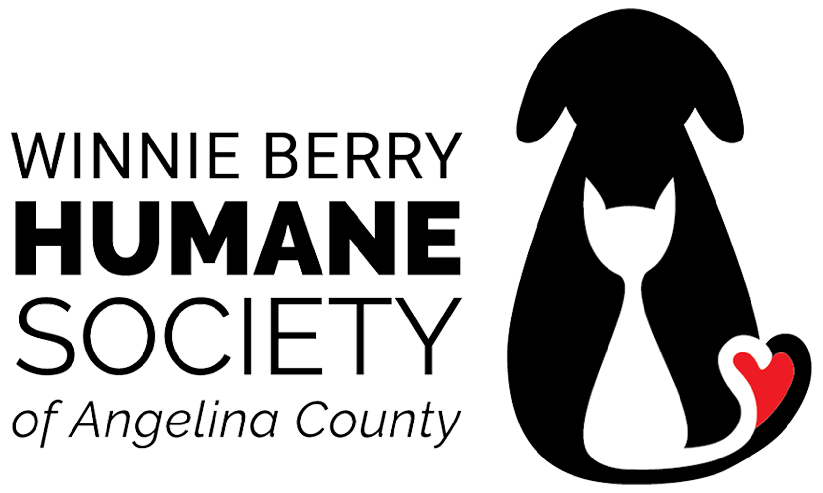 Logo for Winnie Berry Humane Society: black silhouette of a dog with a cat inside it, red heart. Text reads "Humane Society of Angelina County".